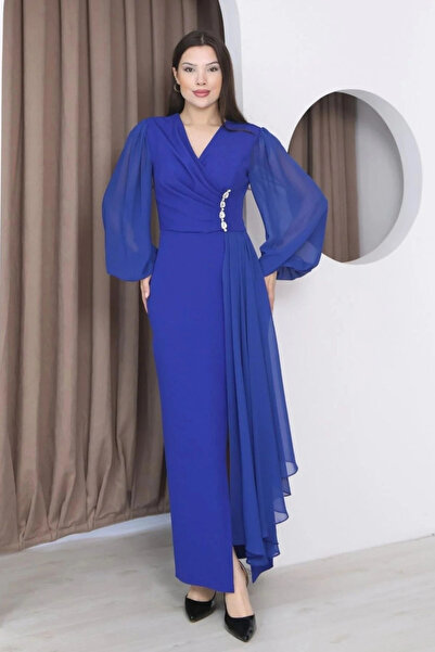 lodmela Kruvaze Yaka Şifon Kollu Bel Detaylı Pileli Uzun Abiye Elbise DP5997-...