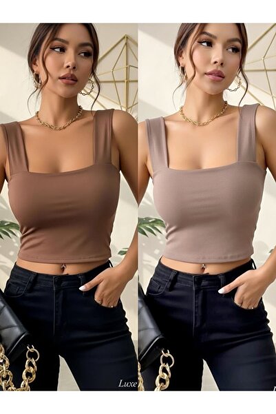 Olyssia Pachet de decolteu pătrat topuri crop maro și nurcă pentru femei, cu ...