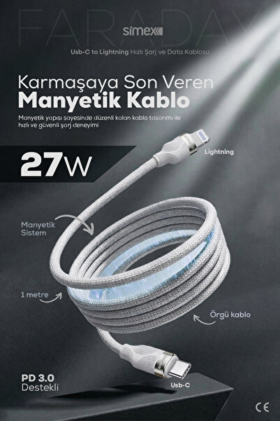Simex 27W Type-C to Lightning Mıknatıslı Manyetik Şarj ve Data Kablosu SPK-13