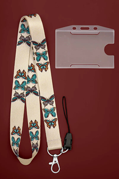 Apptakı Ekru Kelebekler Boyun İpi Boyun Askı İpi Boyun Askısı ve Kartlık - AS...