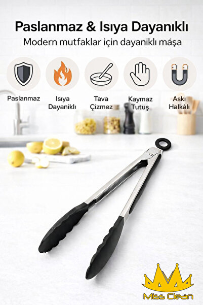 MissClean Metal Kızartma Maşası Silikon Uçlu Maşa Siyah Renk Kilit Sistemli