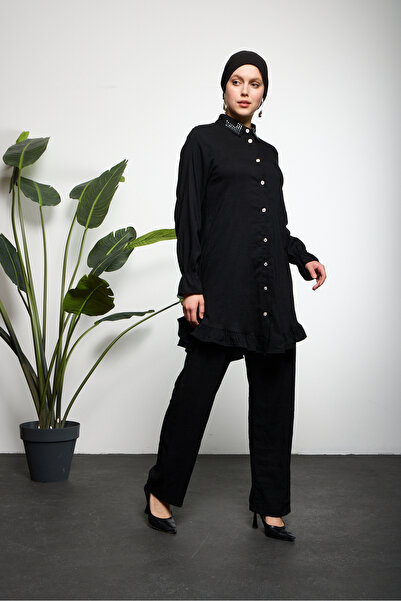 OKTAYUSTA COLLECTİON Βαμβακερό διπλό κοστούμι με πέτρινο λεπτομερές κουμπί μαύρο