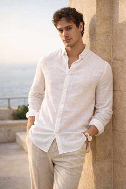 Valiberta Bien Pamuk Keten Erkek Gömlek - Ekru