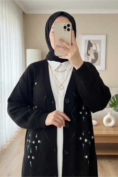 Modamorfo Openwork Floral Embroidered Buttoned Knitwear Cardigan - Black