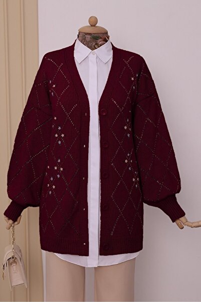 Modamorfo Ajurlu çiçek Nakışlı Düğmeli Triko Hırka -bordo