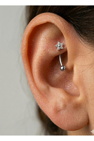 kurukafagift Çelik Çiçek Banana Rook Kıkırdak Piercing Zirkon Taşlı 8 mm