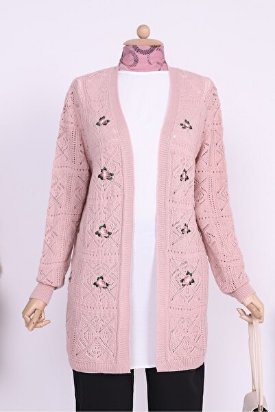 Modamorfo Ajurlu Nakışlı Hırka -pudra