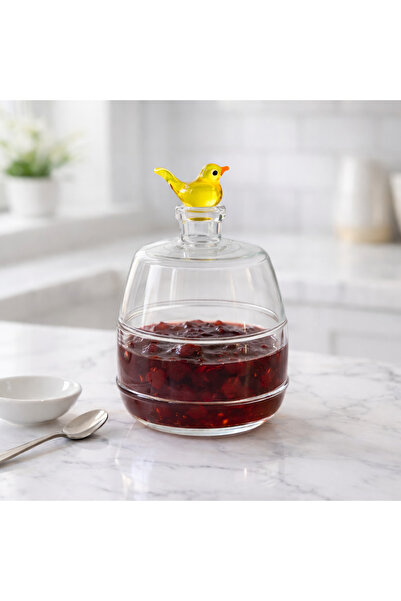 ADAMODART Handmade Glass Design Covered Jam Bowl & Candy Bowl with Yellow Bir...