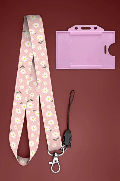 Apptakı Pembe Papatya Boyun İpi Boyun Askı İpi Boyun Askısı ve Kartlık - ASS0354