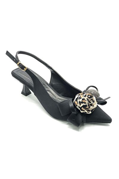 KCMN Feles Scarf Ribbon Detailed Open Back Stiletto Women's Heeled Shoes Black