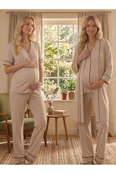 Lohussa New Season Beige Summer Piped Full Button Design Short Sleeve Materni...