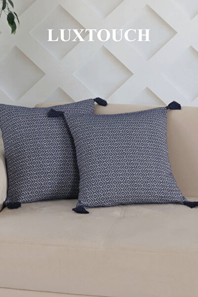 Lux Touch Bergama Navy Blue 2-Piece Throw Pillow Cover - 45x45 cm ZiPPered Ta...