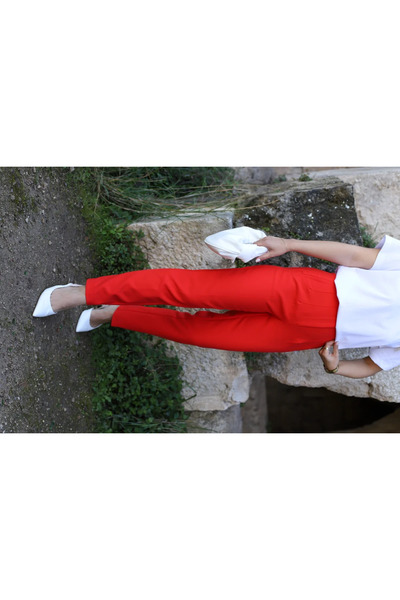 bytugcekaya Pomegranate Flower Front Flatolu Fabric Trousers