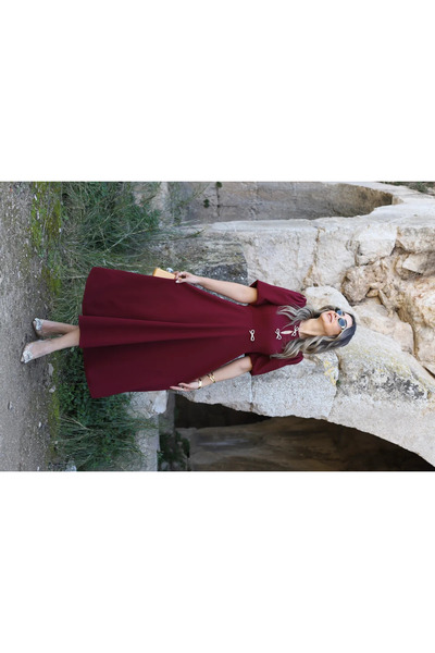 bytugcekaya Burgundy Balloon Sleeve Ribbon Dress