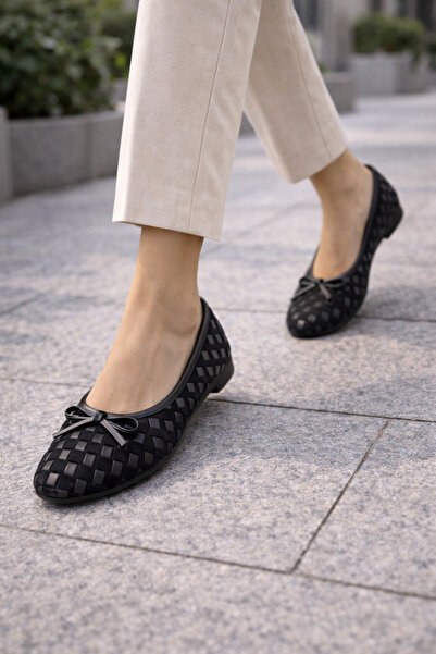 Noliva حذاء باليه نسائي من الجلد السويدي الأسود والجلد الصناعي بتصميم منسوج و...