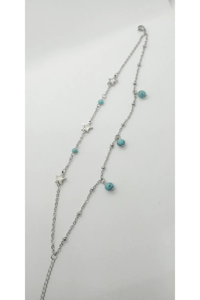 ndjewelry فضية اللون الأزرق الفيروز الخرز ونجمة الشكل خلخال