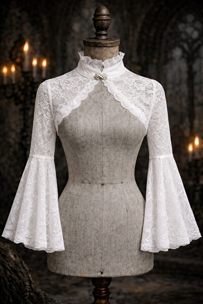 Mournbelle Victorian / Vintage Beyaz Gelin Gelinlik Üzeri Dantel Bolero