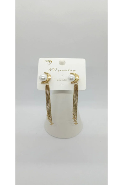 ndjewelry أقراط القمر مع تفاصيل السلسلة واللؤلؤ