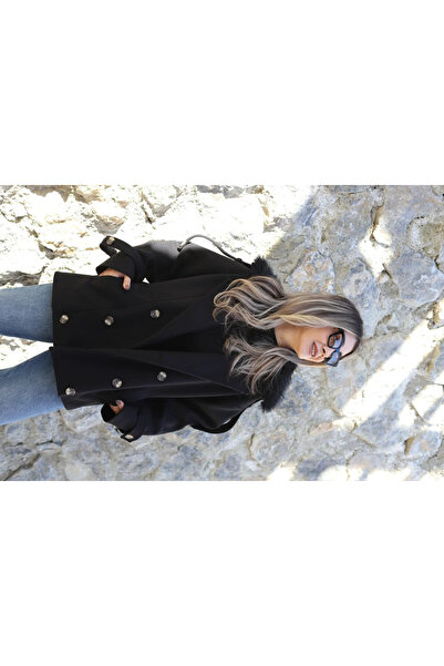 bytugcekaya Чорний стандартний розмір, комір з хутром, кашеміровий піджак