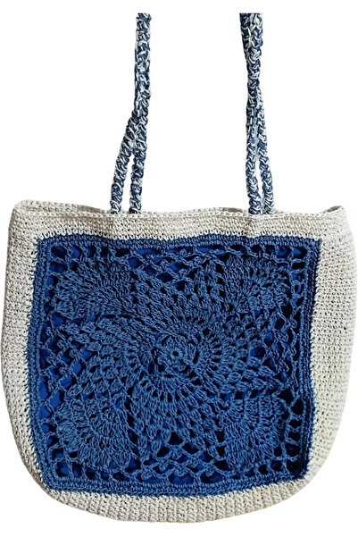 ndjewelry حقيبة من القش موديل العلامة التجارية باللون الأبيض والأزرق