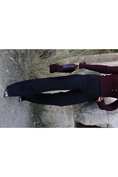 bytugcekaya Navy Blue Fabric Palazzo with Flat Front