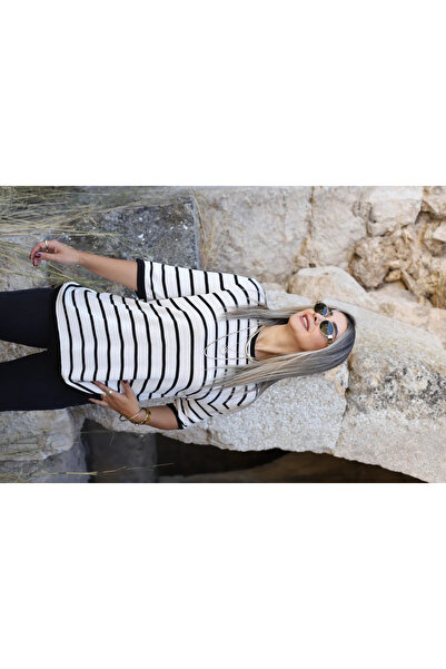 bytugcekaya Pulover cu mânecă scurtă cu dungi, mărime standard, negru crem