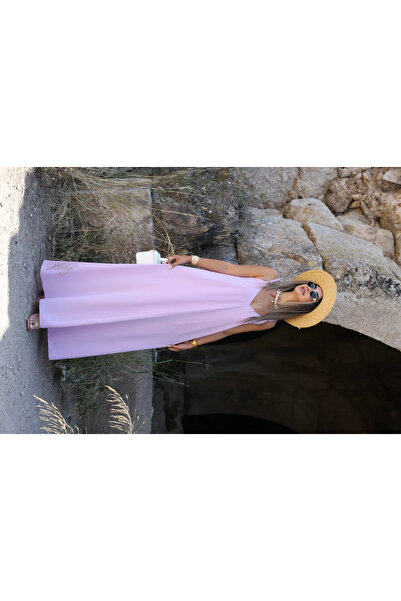 bytugcekaya Rochie din satin lila cu bretele și decolteu în V, cu spate elastic