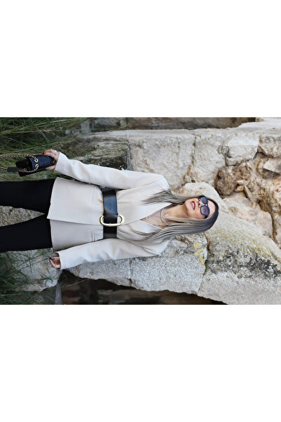 bytugcekaya Bej Standart Beden Kalın Kemerli Blazer