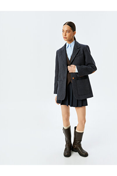 Koton Double-Breasted Oversize Stamp Blazer Jacket with Applique Double Pocke...