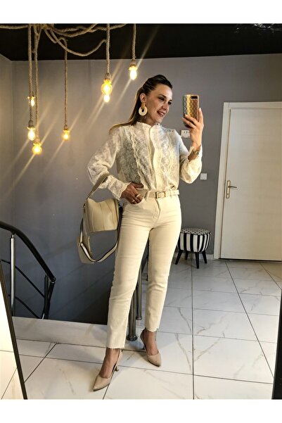 Gözde Tasarım Butik KADIN TAŞ RENGİ VANİLYA LİKRALI KESİK PAÇA BOYFİT JEAN YA...