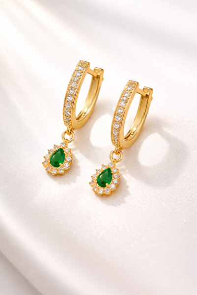 RAME 925 Ayar Gümüş Altın Kaplama Yeşil Taşlı Şık Kadın Küpe