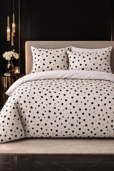 MORE HOME غطاء لحاف مزدوج + غطاء وسادة باللون الأبيض مع تصميم قلب