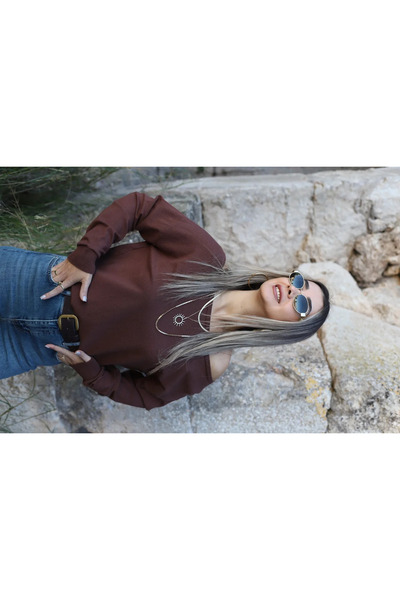 bytugcekaya Brown Standard Size One Shoulder Open Knit Sweater