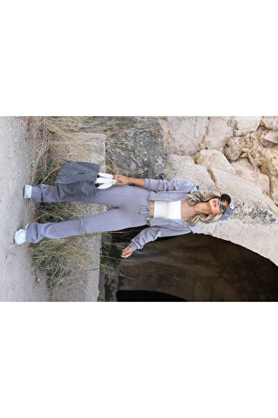 bytugcekaya Gray hooded stitch detailed spanish pant suit