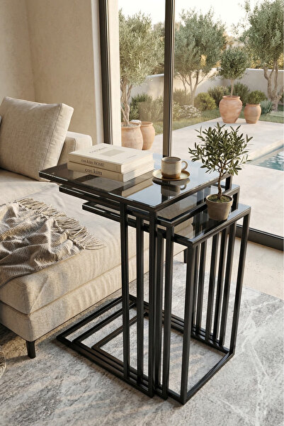 Cos.kim Mira 3lü Zigon Sehpa C Sehpa - Yan Sehpa Füme Cam