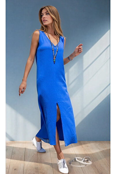Yıldızistan Women's Oversized Muslin Leather N V-Neck Strap Sleeveless Slit L...