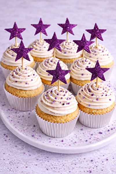 asöy Mor Kürdan Yıldız Simli Eva  10 adet  Cupcake Süsleri 3 Cm