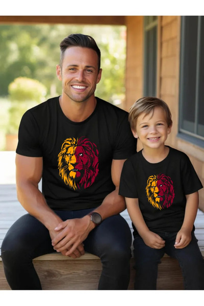 Tshirthane Yellow Red Lion Patterned Father and Son Shirt for Girl - ONE PROD...