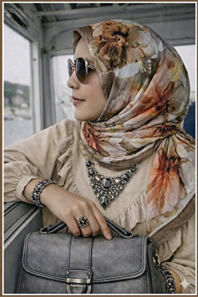 Nazellaa Dijital Bambu Süt Kahvesi Detaylı Çiçek Desen Soft Kraş Şal