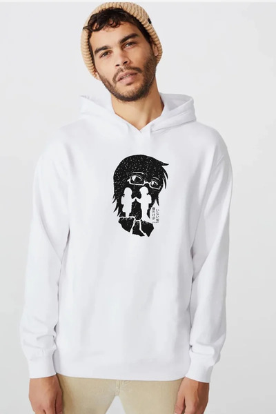 Tshirthane Izbrisan anime crno-bela silueta, bela muška majica sa kapuljačom ...