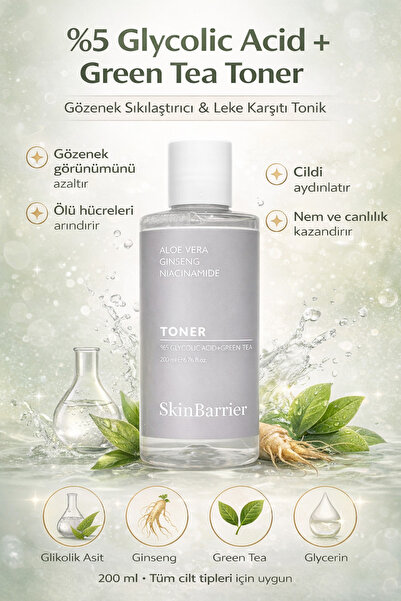 Skinbarrier %5 Glycolic + Greentea Toner - Gözenek Sıkılaştırıcı Leke Karşıtı...