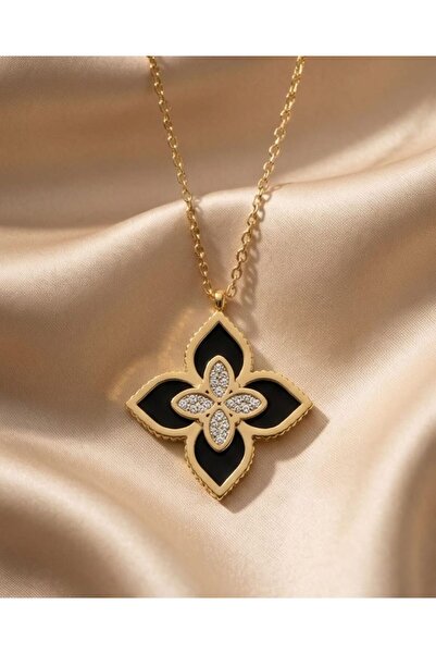 TAKI DERYASI قلادة من الفولاذ المقاوم للصدأ بنقشة زهور مرصّع بالأحجار كهدية