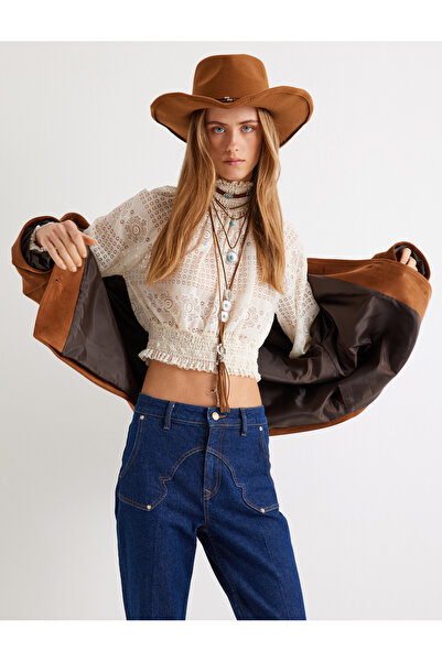 Koton Bluză crop din dantelă, guler vertical, detaliu Gipe semi-transparent