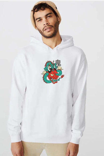 Tshirthane Anime majica sa kapuljačom za muškarce Dragon Samurai, bela, 3ip