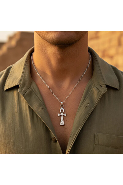 Alooya Ankh Anahtarı - Nil'in Anahtarı Gümüş Kaplama Düz Zincir Kolye