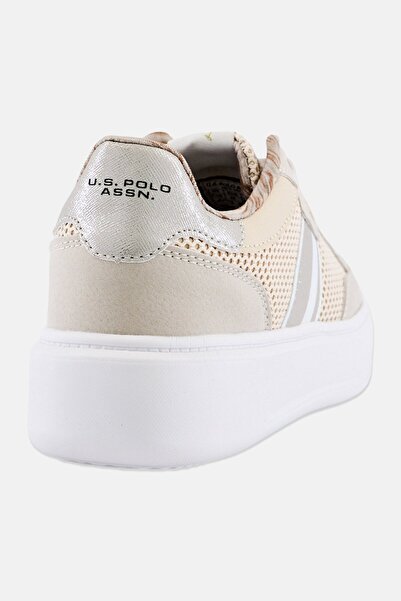 U.S. Polo Assn. حذاء كاجوال برباط وشعار العلامة التجارية للنساء، بيج