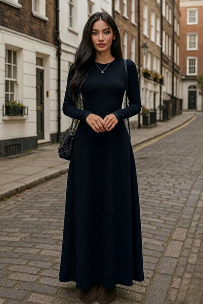 Lesa Wear فستان نسائي أسود طويل الأكمام من الليكرا بتصميم A-line، فستان ماكسي