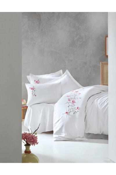 Cotton Box طقم غطاء لحاف ساتان مزدوج مطرز ثلاثي الأبعاد باللون الأبيض البارلا