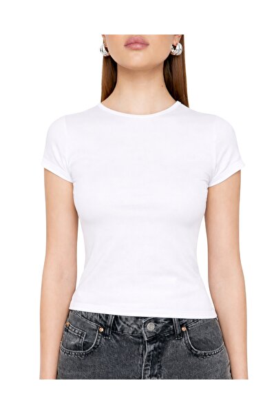 MODASPARK White Crew Neck Basic Ultra Soft Women's Short Sleeve Bodysuit