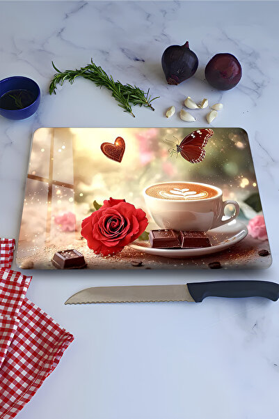kutuTR Kahve, Gül ve Kelebek Desenli Temperli Cam Kesme Tahtası 21x30 cm Ebad...